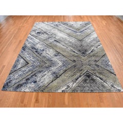 9'x12'1" Gray THE WOOD GRAIN Design Silk with Wool Hand Knotted Rug