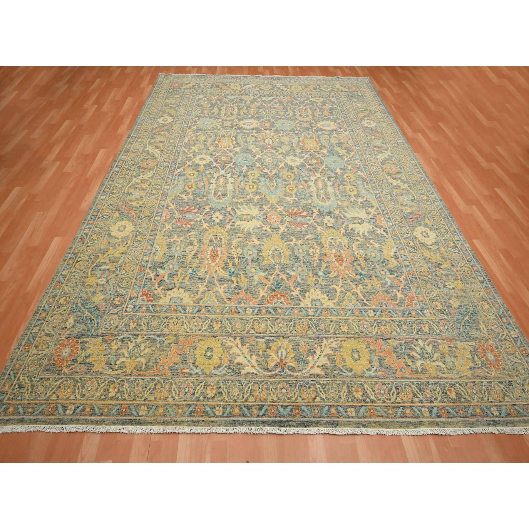 Anchor Gray, Ziegler Mahal with Intricate Design, Shaved Low, 100% Wool, Hand Knotted, Vegetable Dyes, Oriental Rug
Primary materials: Wool
Latex: No Pile 
height: 0.25 Inches
Style: Transitional
Primary color: Grey
Secondary colors: Yellow, Blue,