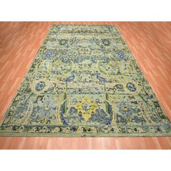 9'x12'1" Green Erased Persian Inspired with Birds Design Hand Knotted Wool Rug