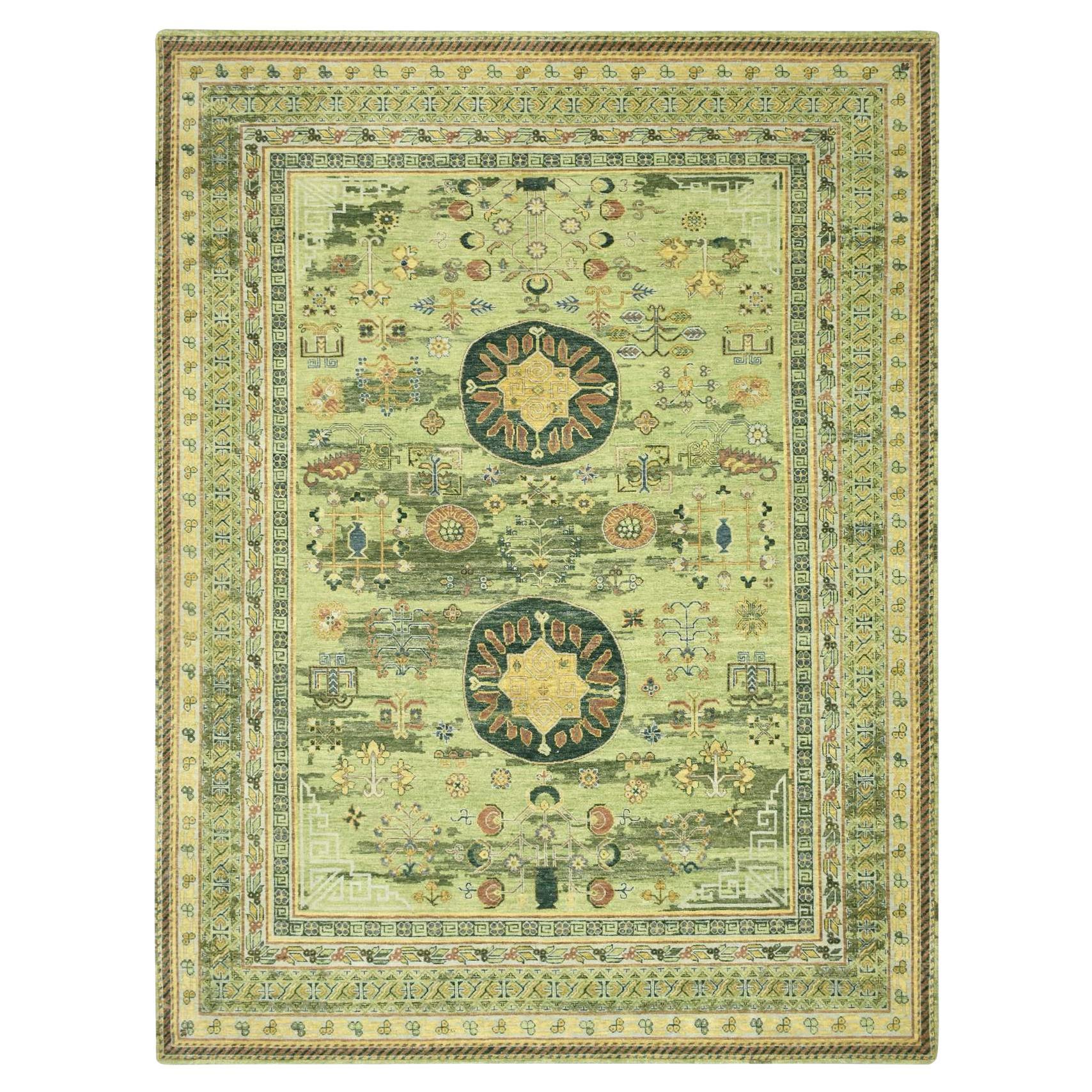 9'x12'1" Green Khotan Design 100% Wool Shaved Low Hand Knotted Oriental Rug