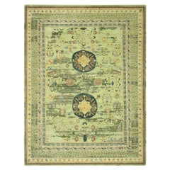 9'x12'1" Green Khotan Design 100% Wool Shaved Low Hand Knotted Oriental Rug