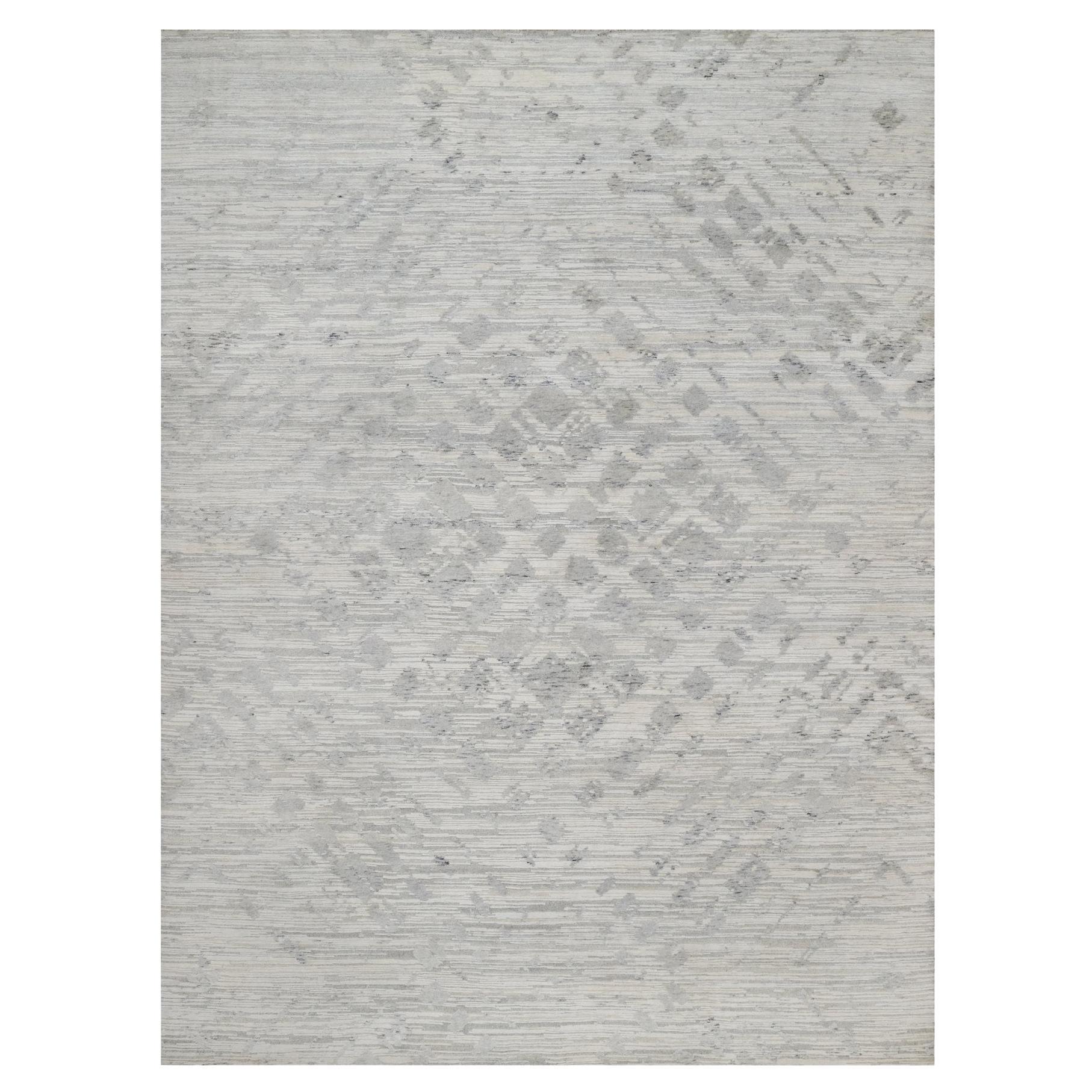 Tappeto avorio 9'x12'1" annodato a mano dal design moderno, filato a mano e non tinto di lana naturale