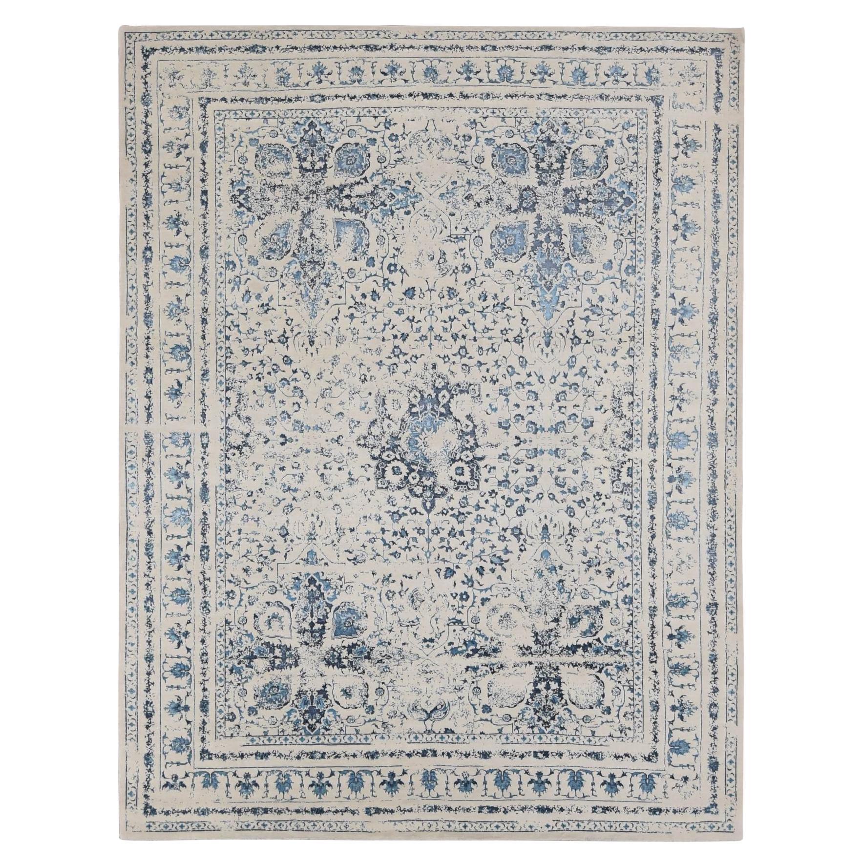 9'x12'1" Ivory, Modern Broken Design Kashan, Wool and Silk, Hand Knotted, Rug