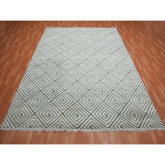 9'x12'1" Ivory, Modern Roman Key Design, Silk with Wool Hand Knotted Rug
