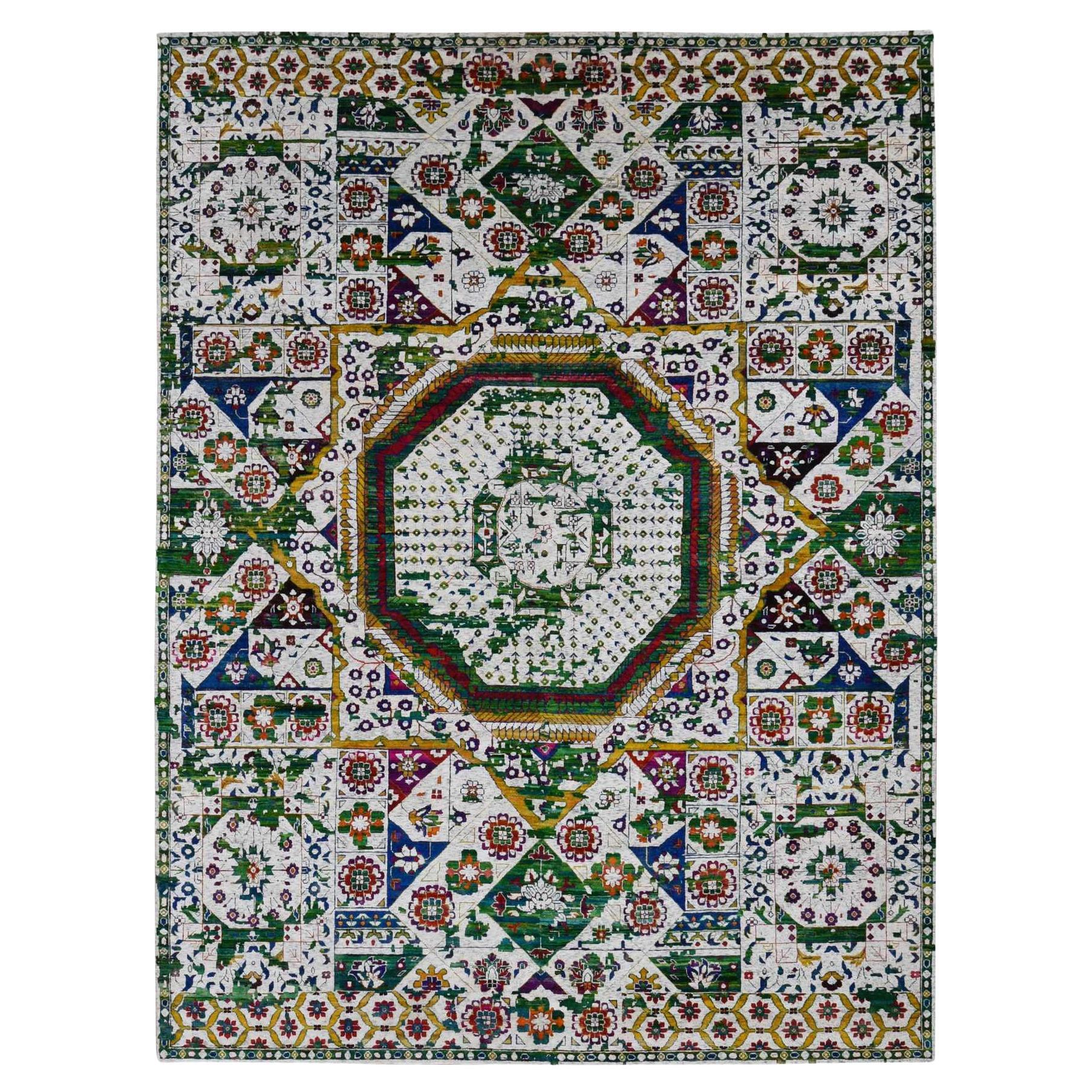 9'x12'1" Ivory, Sari Silk, Colorful Mamluk Design, Hand Knotted, Oriental Rug