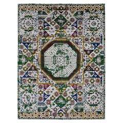 9'x12'1" Ivory, Sari Silk, Colorful Mamluk Design, Hand Knotted, Oriental Rug
