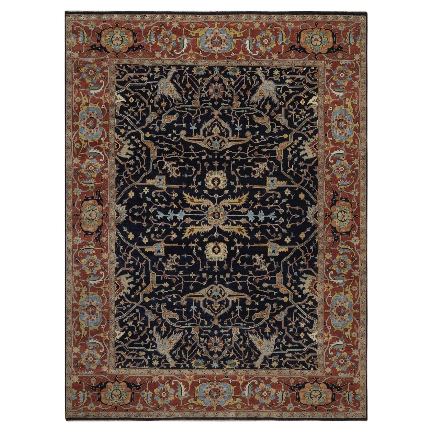 9'x12'1" Midnight Blue Soft Wool Hand Knotted Fine Heriz Re-Creation Soft Rug