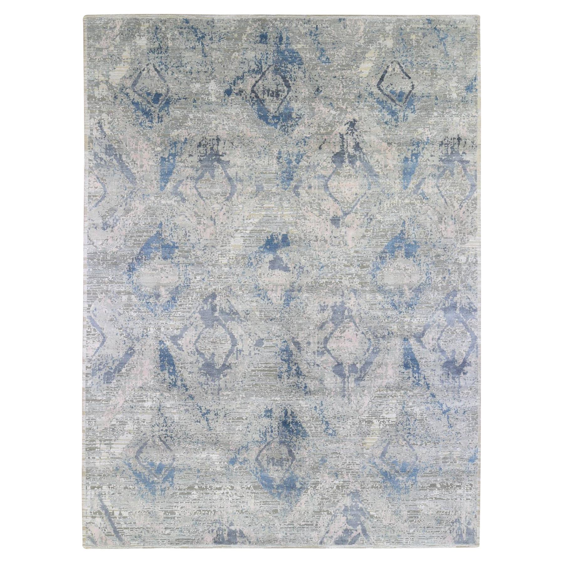 9'x12'1" Modern Hand Knotted Ivory Silk with Textured Wool Oriental Rug For Sale