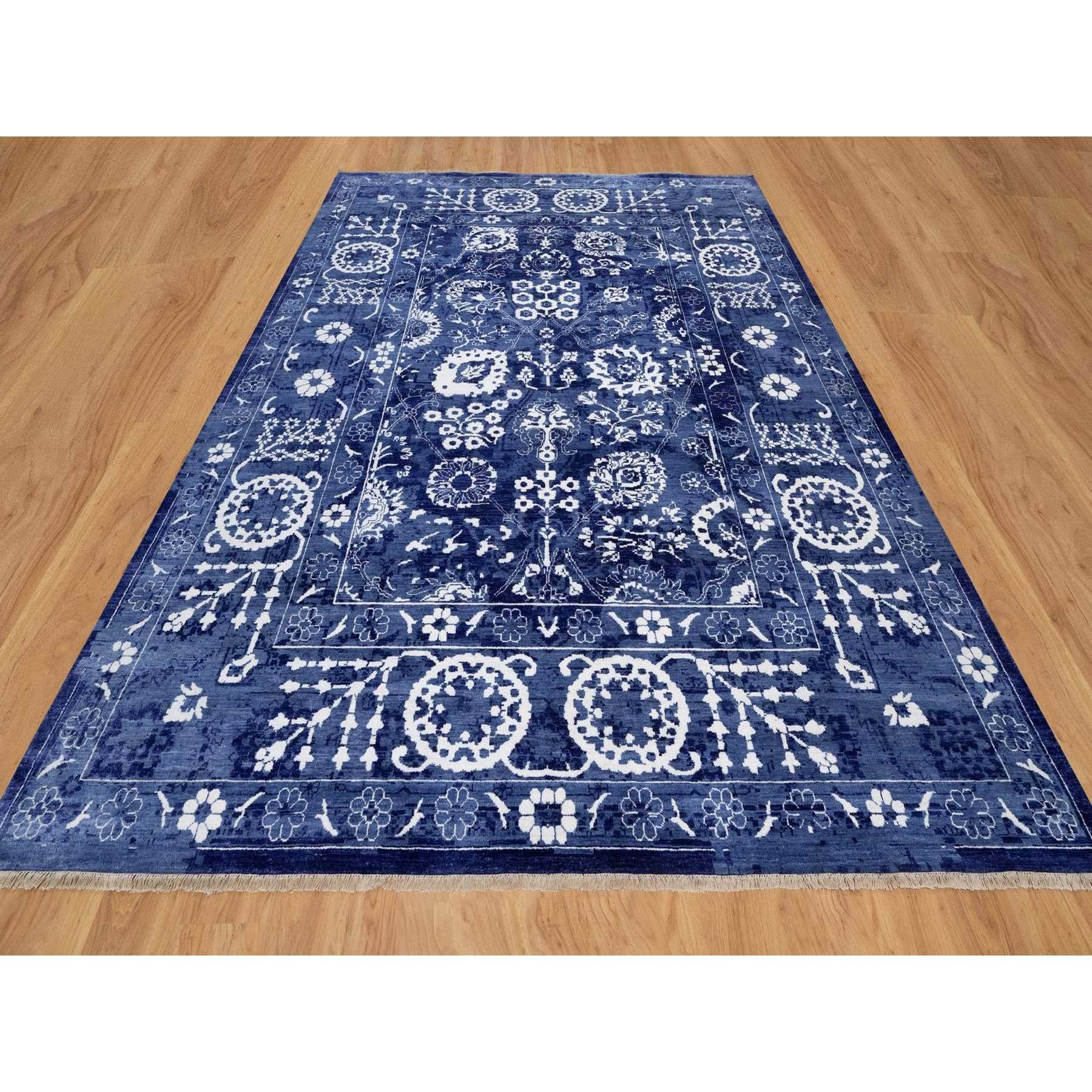 Nova Blue, Tone on Tone, Tabriz with All Over Leaf Design, Hand Knotted, Lush and Plush, Wool and Silk, Oriental Rug
Primary materials: Wool & Silk
Latex: No Pile 
height: 0.25 Inches
Style: Transitional
Primary color: Blue
Secondary colors: Ivory,