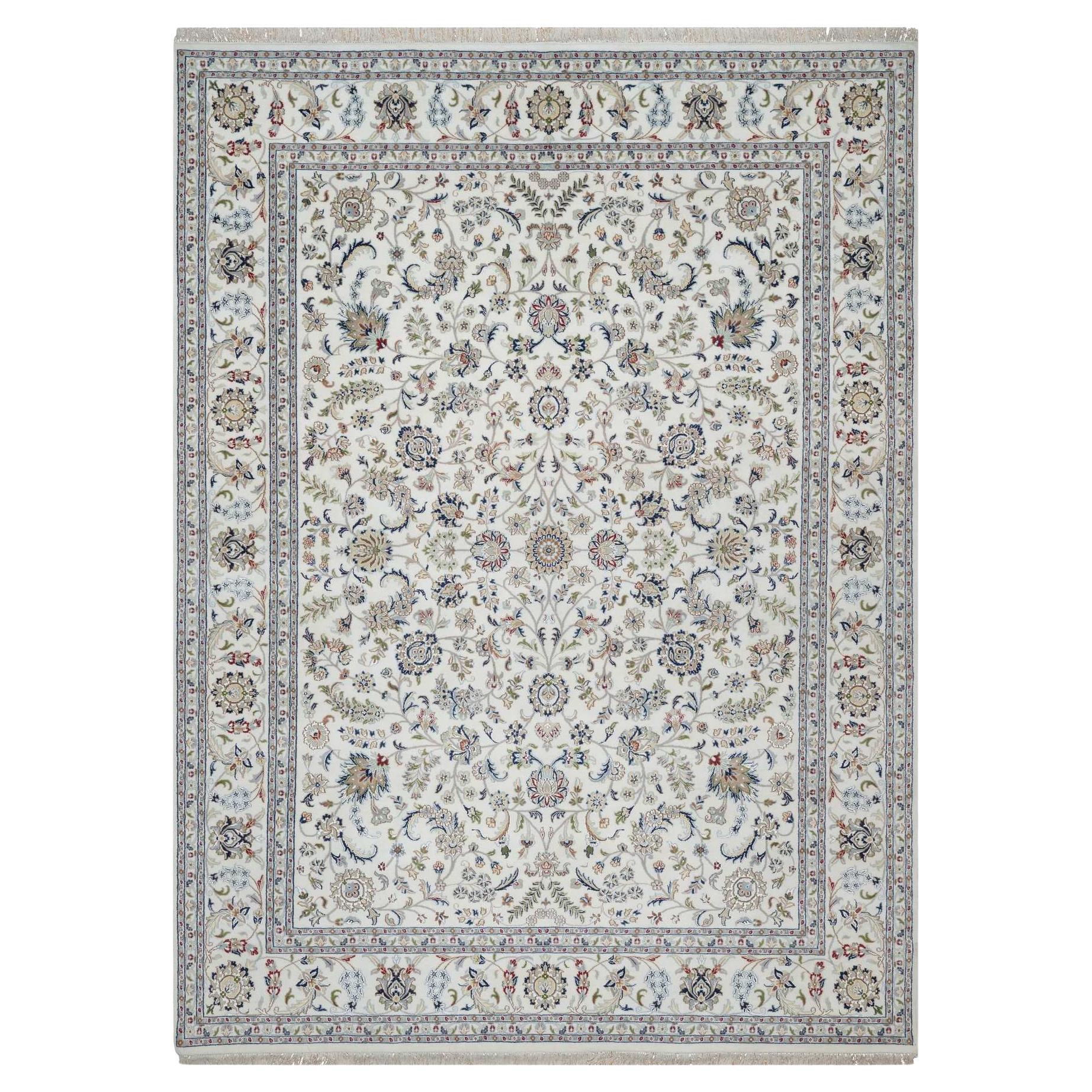9'x12'1" Pearl White annodato a mano Nain con disegno floreale in lana e seta