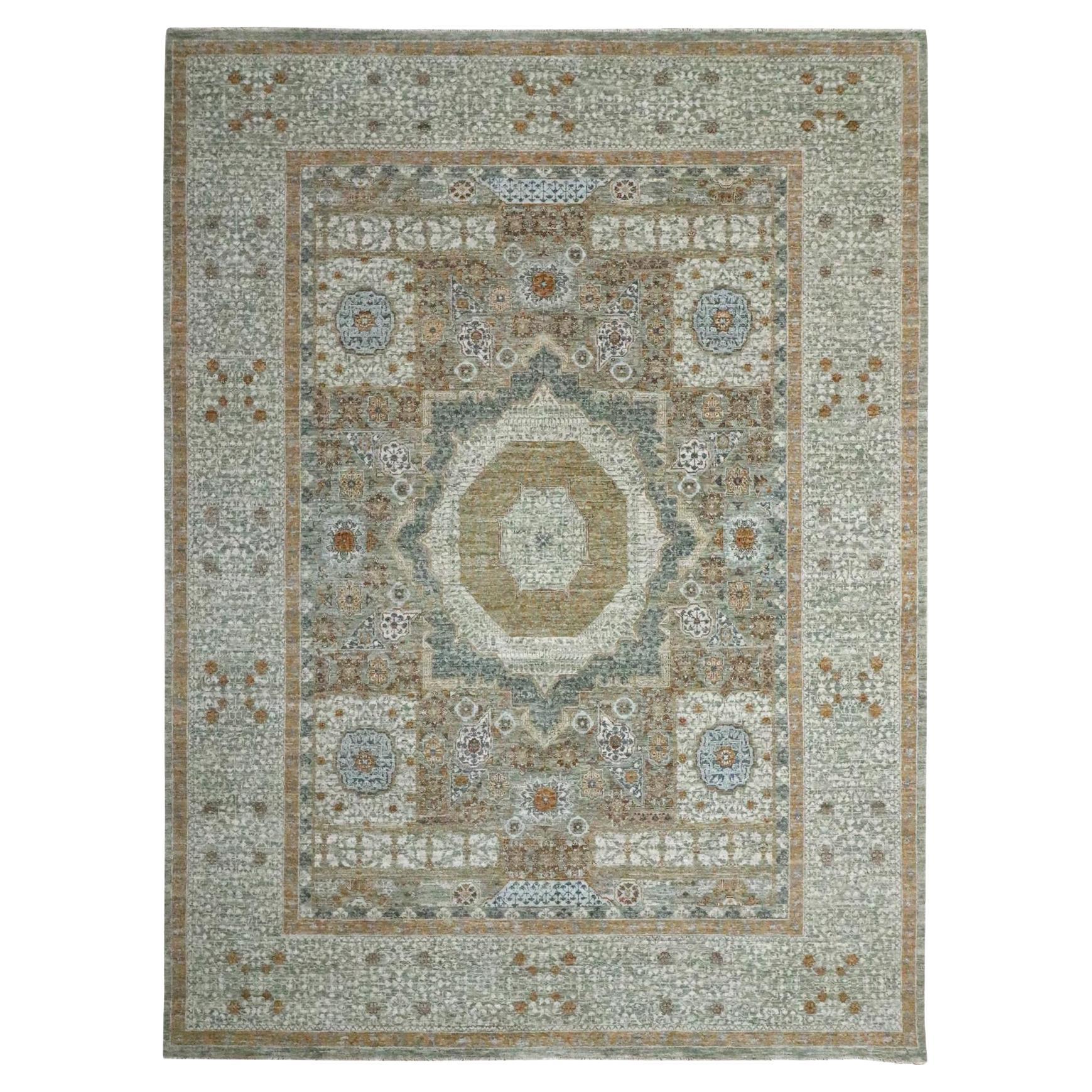 9'x12'1" Pistachio Green Mamluk Design Hand Knotsted Pure Wool Tapis d'Orient en vente