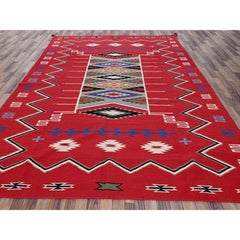 9'x12'1" Red Southwest Geometric Design Hand Woven Flat Weave Wool Oriental Rug
