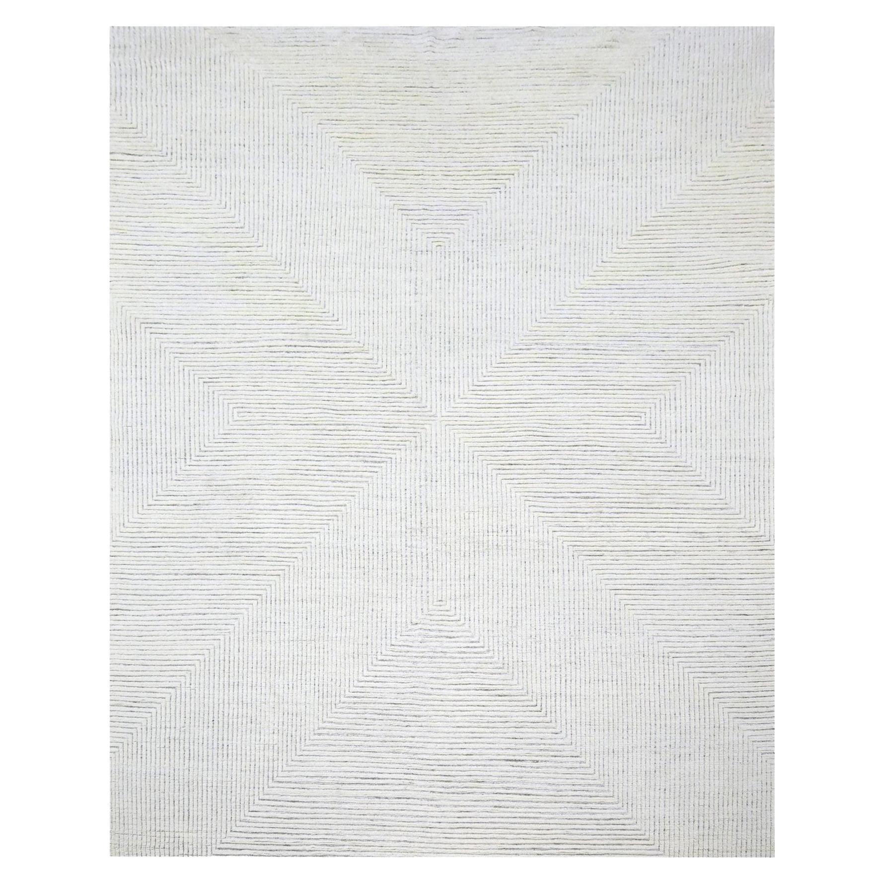 9'x12'1" White Geometric Variegated Line Design 100% Wool Hand Knotted Rug For Sale