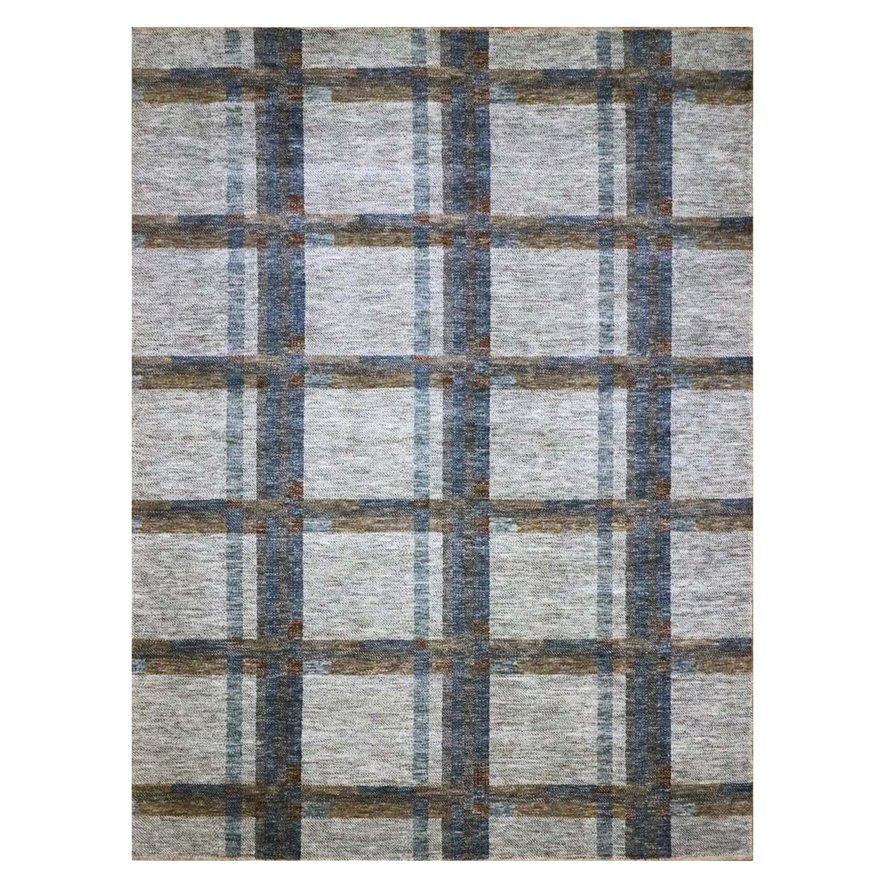 9'x12'1" White Modern Geometric Opened Up Plaid Design Hand Knotted Wool Rug For Sale