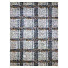 9'x12'1" White Modern Geometric Opened Up Plaid Design Hand Knotted Wool Rug