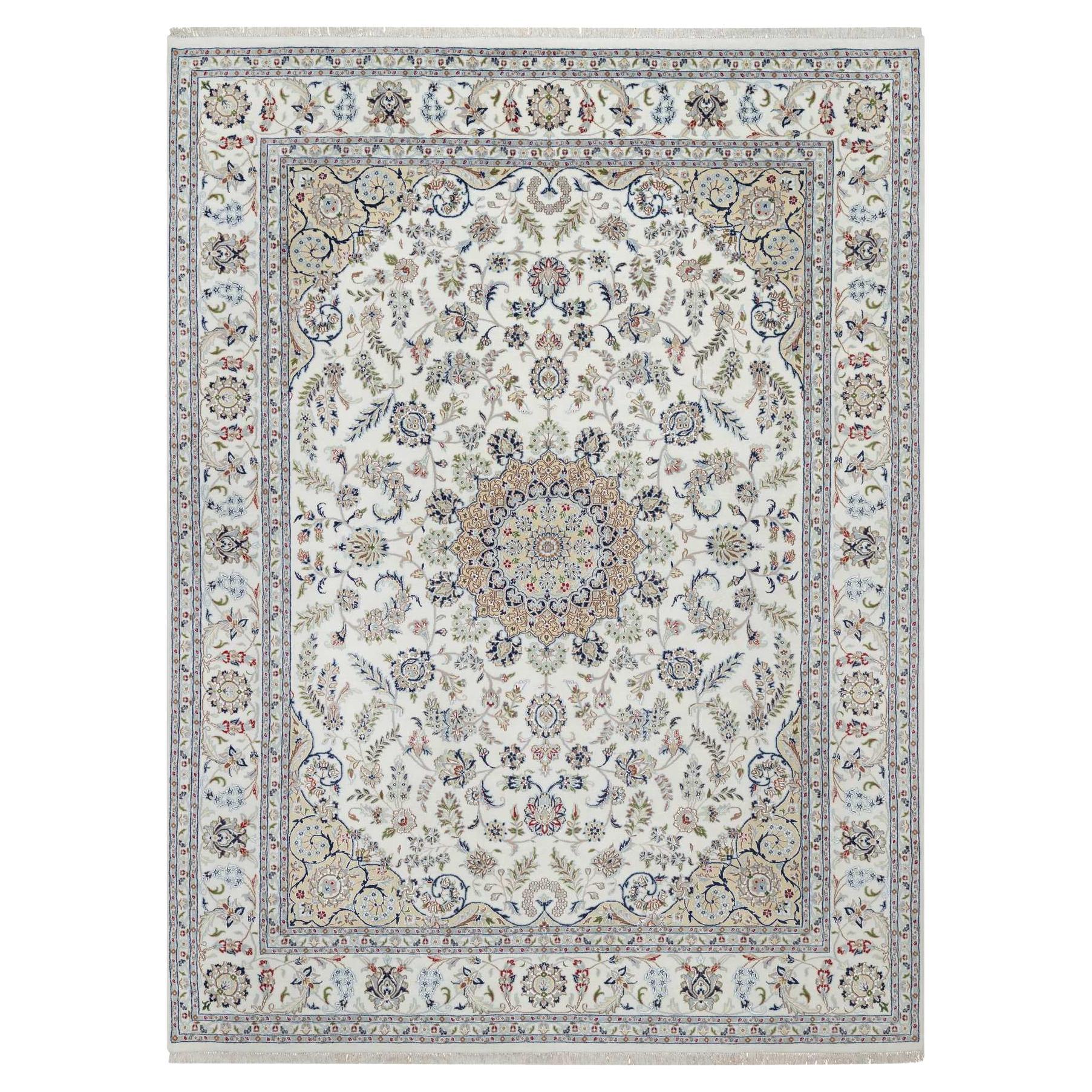 9'x12'1" White Nain with Flower Design 250 KPSI Hand Knotted Wool and Silk Rug For Sale