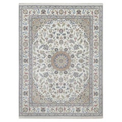 9'x12'1" White Nain with Flower Design 250 KPSI Hand Knotted Wool and Silk Rug