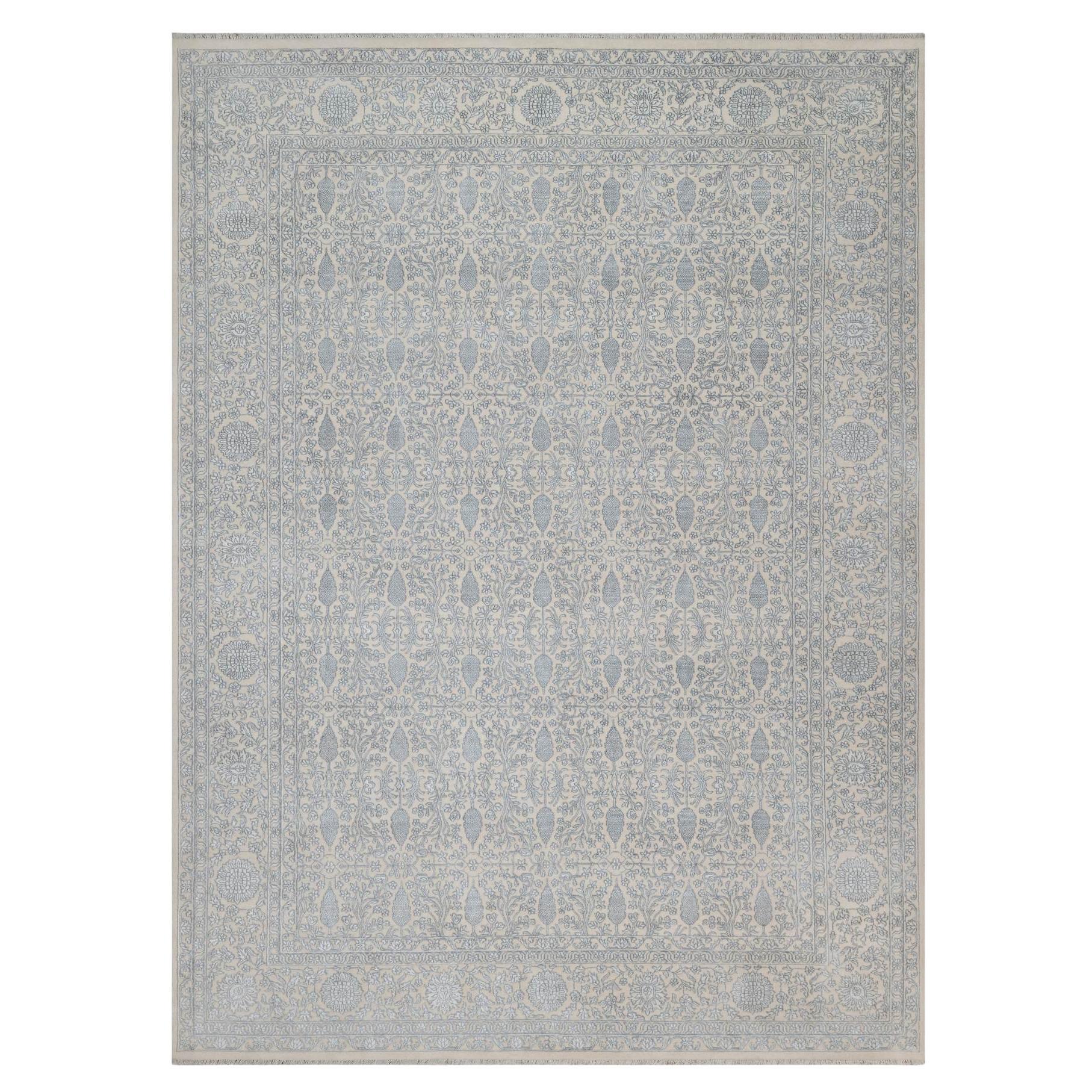 9'x12'1" Weißes persisches Design Handgeknüpft Wolle und Seide 200 KPSI Orientteppich