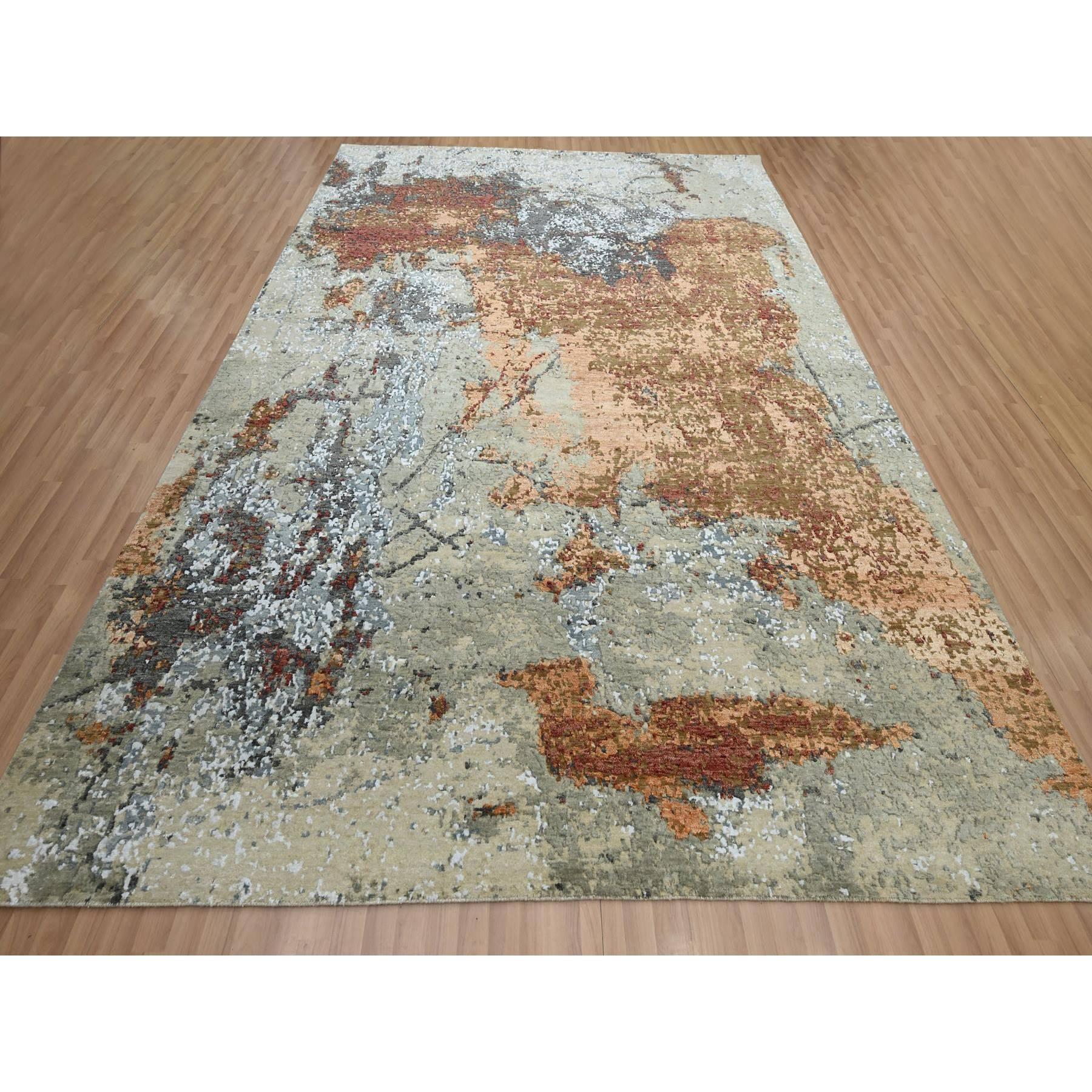 Beige with Rust, Pure Wool, Abstract with Galaxy Design, Persian Knot, Hand Knotted, Densely Woven, Oriental Rug
Primary materials: Wool
Latex: No Pile 
height: 0.25 Inches
Style: Contemporary
Primary color: Orange
Secondary colors: Gray, Beige,