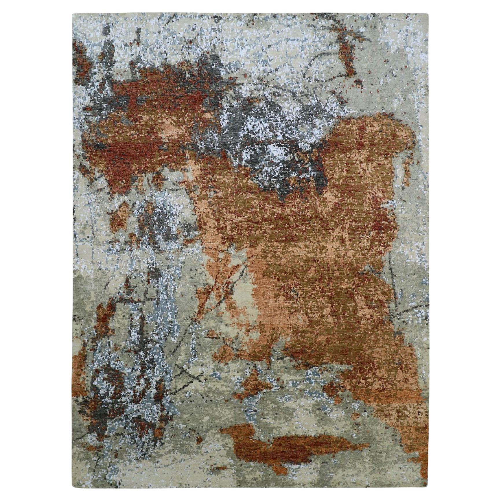 9'x12'2" Beige with Rust Pure Wool Abstract with Galaxy Design Hand Knotted Rug