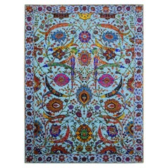 Alfombra anudada a mano de lana y seda con diseño del siglo XVII de hojas de colores azules de 9'x12'2