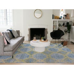 9'x12'2" Blue & Green Trellis Neo Classic European Design Hand Knotted Wool Rug