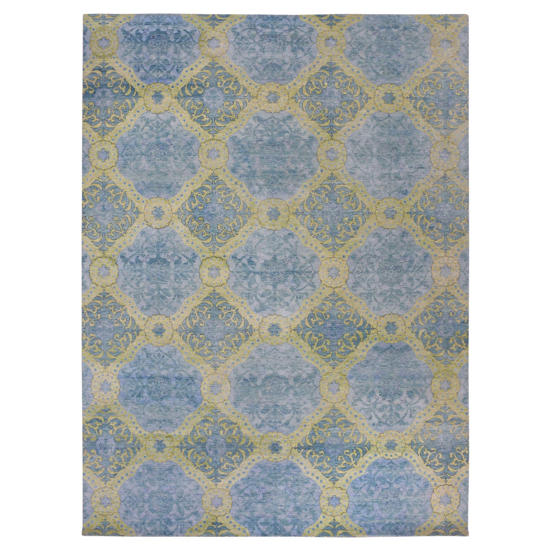 9'x12'2" Blue & Green Trellis Neo Classic European Design Hand Knotted Wool Rug