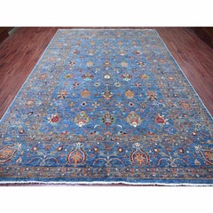 9'x12'2" Blue Hand Knotted Afghan Sultani with Pomegranate Design Soft Wool Rug