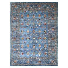 9'x12'2" Blue Hand Knotted Afghan Sultani with Pomegranate Design Soft Wool Rug