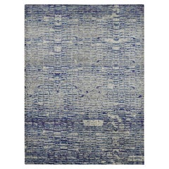Tappeto Sari di seta annodato a mano 9'x12'2" blu con disegno di mattoni viola in diminuzione