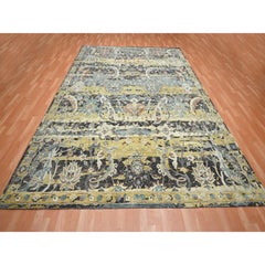 9'x12'2" Brown Erased Persian Inspired with Birds Design Hand Knotted Wool Rug