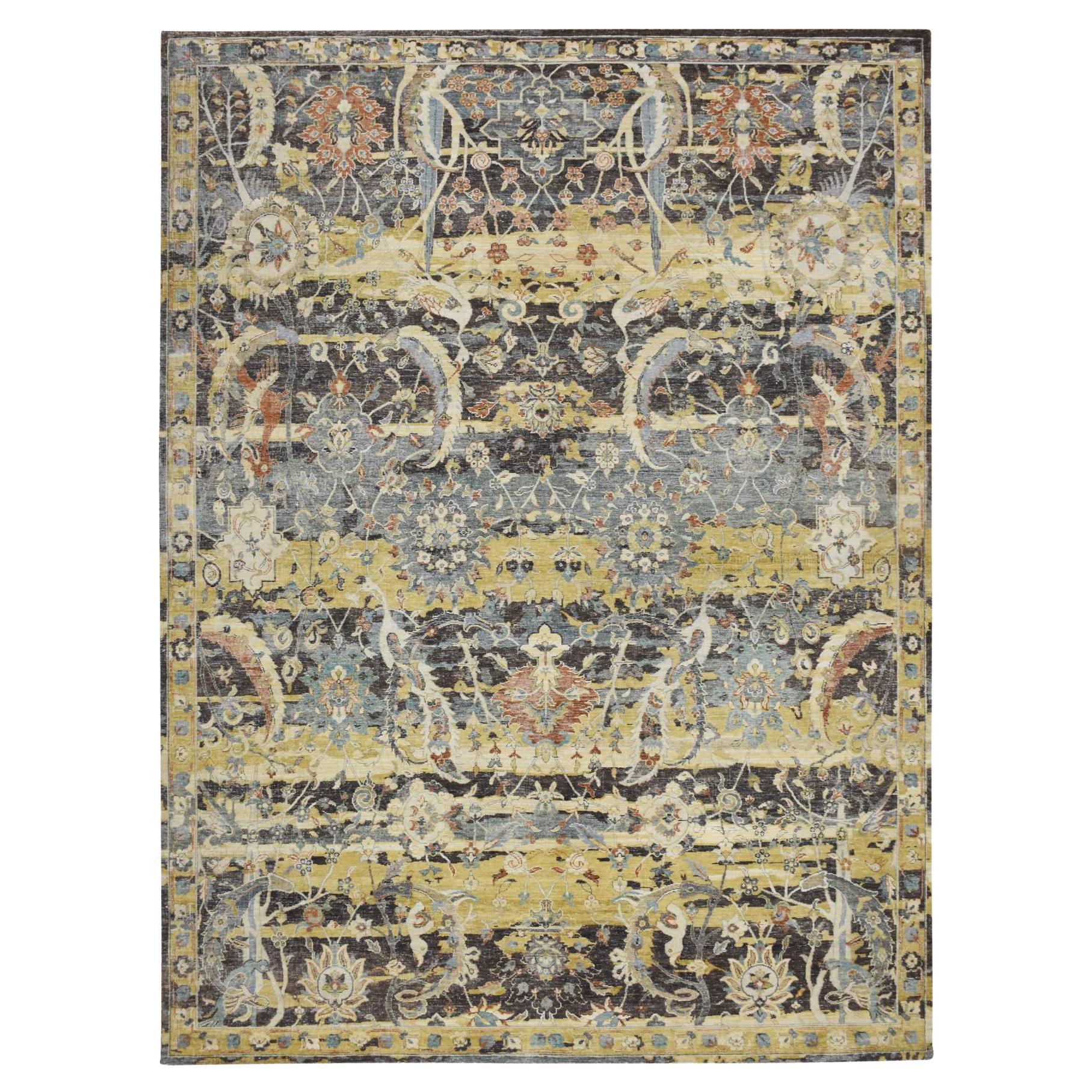 9'x12'2" Brown Erased Persian Inspired with Birds Design Hand Knotted Wool Rug For Sale