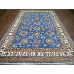 9'x12'2" handgeknüpfter afghanischer Super-Kazak-Orientteppich aus reiner Wolle in Ceruleanblau