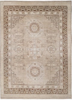 9x12.2 ft Hand Knotted Beige and Brown Area Rug. Tribal Geometric Design Carpet