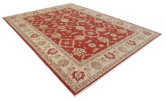 9x12.2 ft Hand Knotted Floral Area Rug in Beige and Red. Traditional Wool Carpet