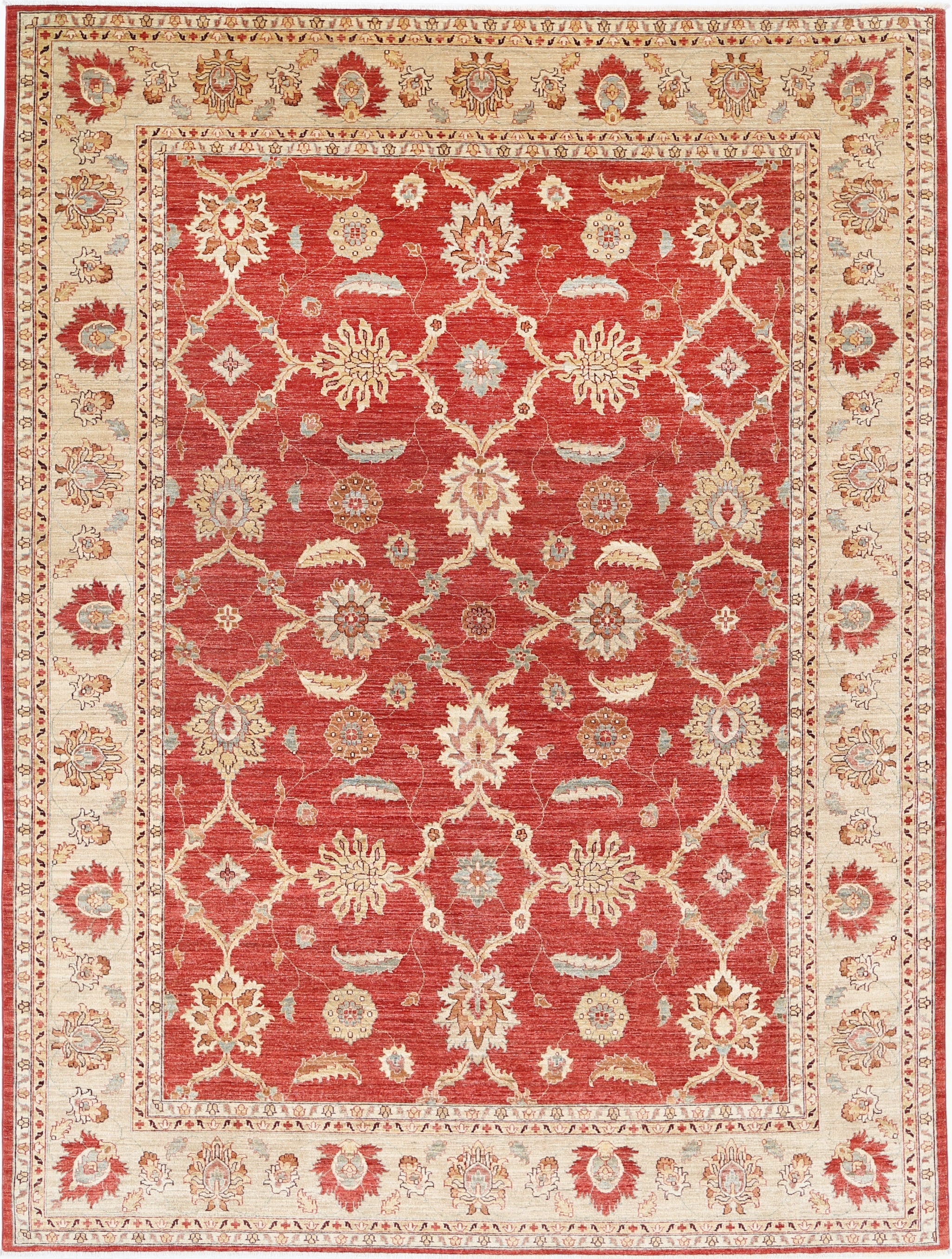 9x12.2 ft Hand Knotted Floral Area Rug in Beige and Red. Traditional Wool Carpet