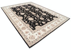 9x12.2 ft Tappeto turco floreale annodato a mano con campo nero e bordo avorio