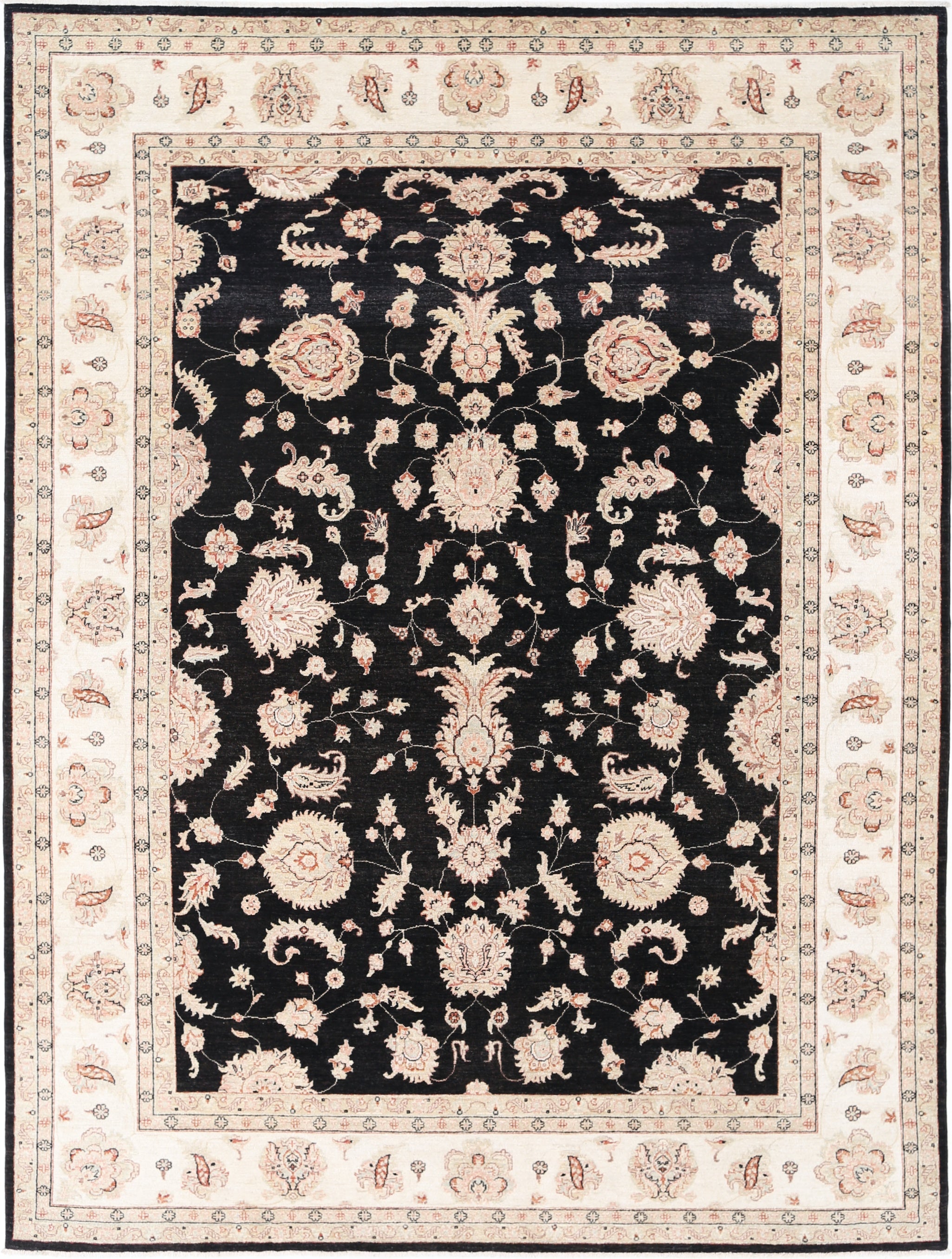 9x12.2 ft Hand Knotted Floral Turkish Area Rug with Black Field and Ivory Border