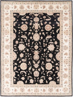 9x12.2 ft Tappeto turco floreale annodato a mano con campo nero e bordo avorio