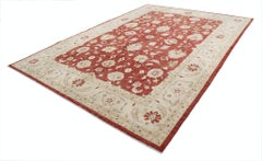 9x12.2 ft Tappeto turco floreale annodato a mano con campo rosso e bordo avorio