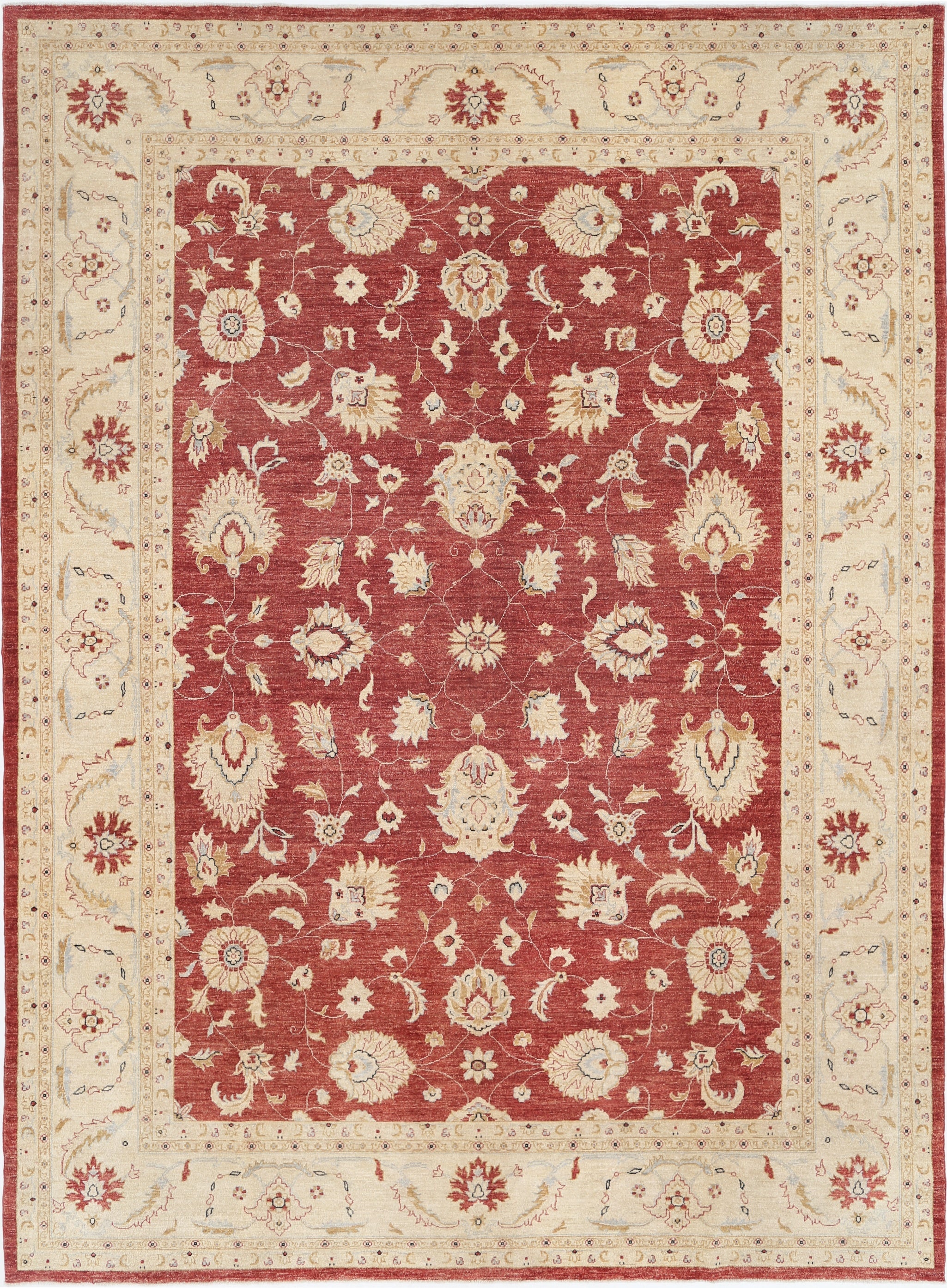 9x12.2 ft handgeknüpfter türkischer Floral Teppich mit rotem Feld und elfenbeinfarbener Bordüre