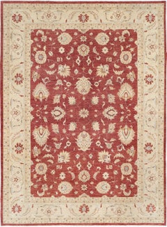 9x12.2 ft Tappeto turco floreale annodato a mano con campo rosso e bordo avorio