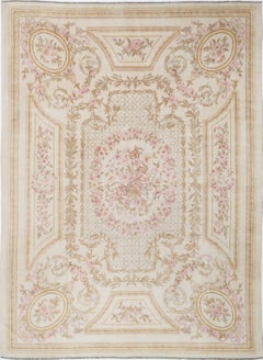 9x12.2 ft Hand-Knotted Ivory, Pale Pink Large Rug. Floral Design Wool Carpet