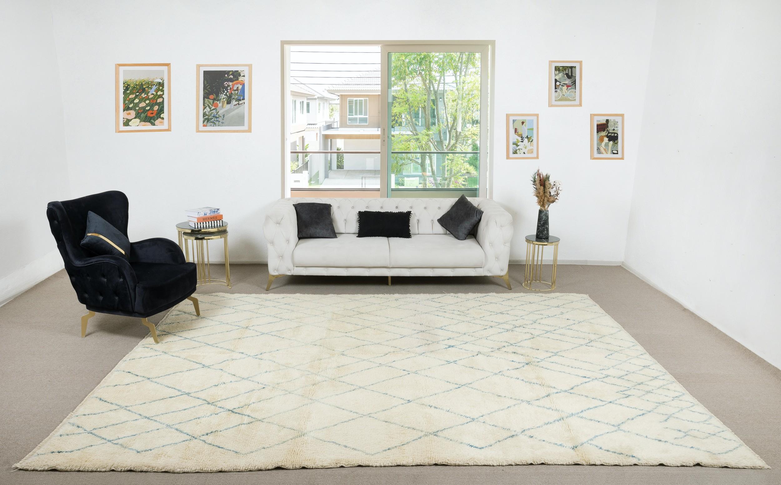 Elevate your living space with the exquisite charm of this new modern hand-knotted Moroccan berber beni ourain rug, crafted with precision and care from 100% wool. Combining the allure of Moroccan design with contemporary sensibilities, this rug is