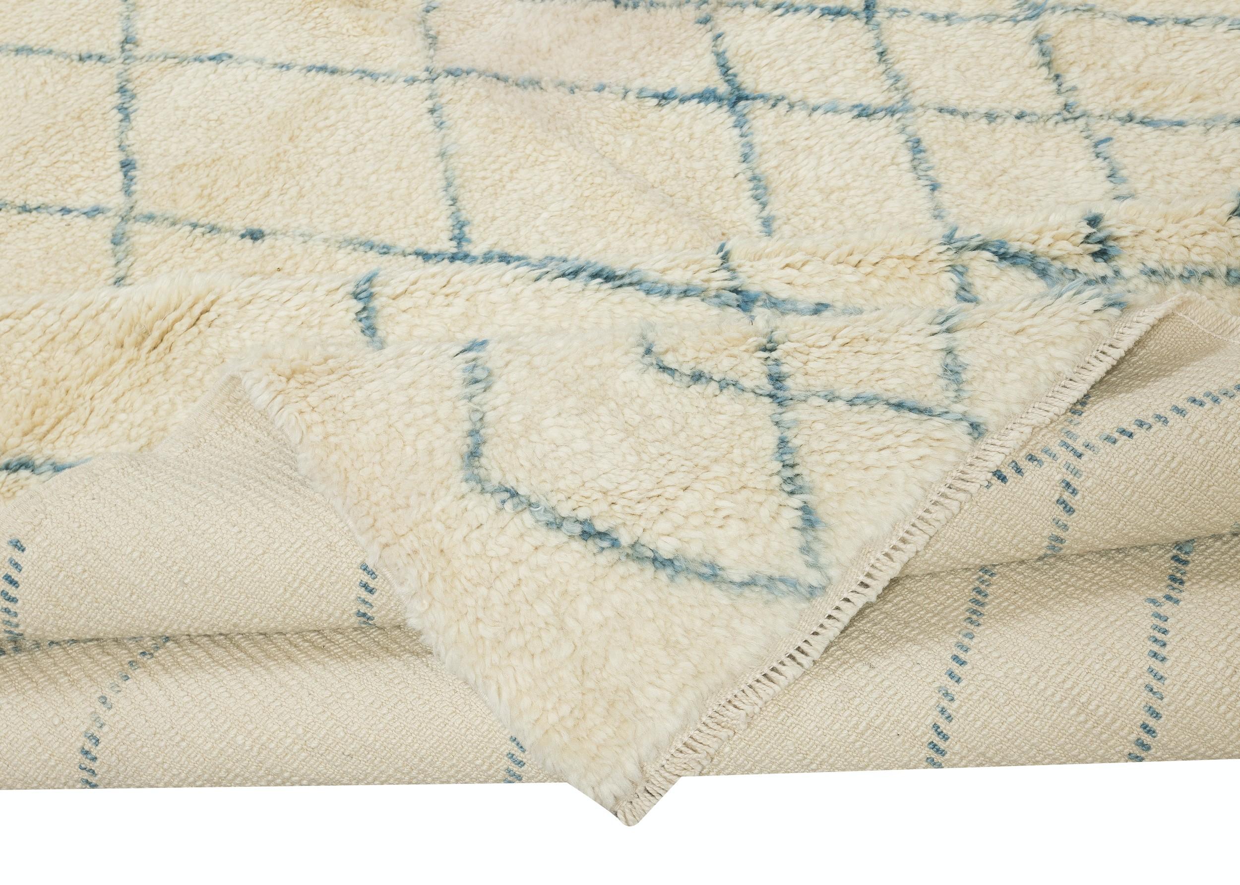 Turkish 9x12.2 Ft Moroccan Tulu Rug in Beige and Teal Blue. ALL WOOL. Beni Ourain Carpet For Sale