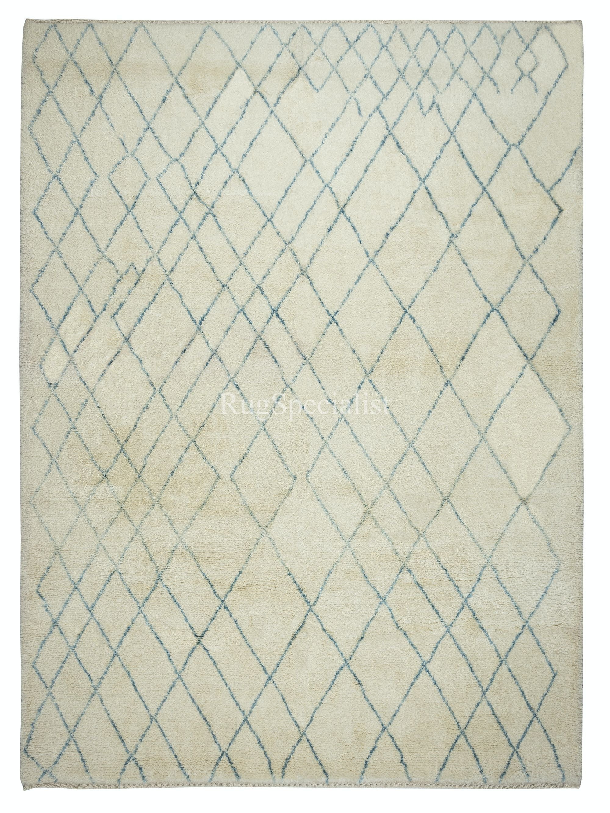 9x12.2 Ft Moroccan Tulu Rug in Beige and Teal Blue. ALL WOOL. Beni Ourain Carpet