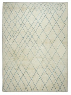 9x12.2 Ft Moroccan Tulu Rug in Beige and Teal Blue. ALL WOOL. Beni Ourain Carpet