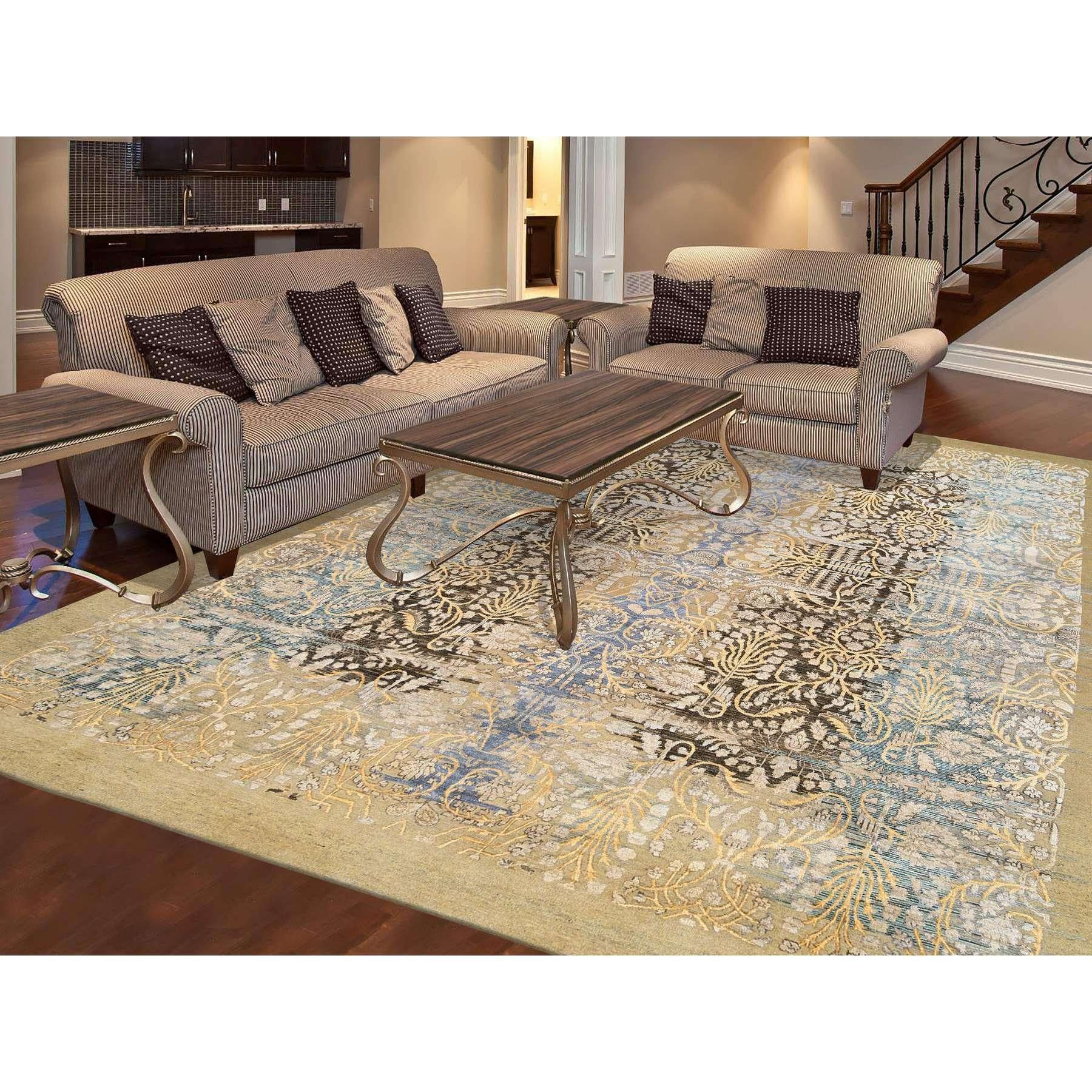This is a truly genuine one-of-a-kind Gold Brown, Silk With Textured Wool, Hand Knotted, Transitional Sarouk, Oriental Rug. It has been Knotted for months and months in the centuries-old weaving craftsmanship techniques by expert artisans.
Primary