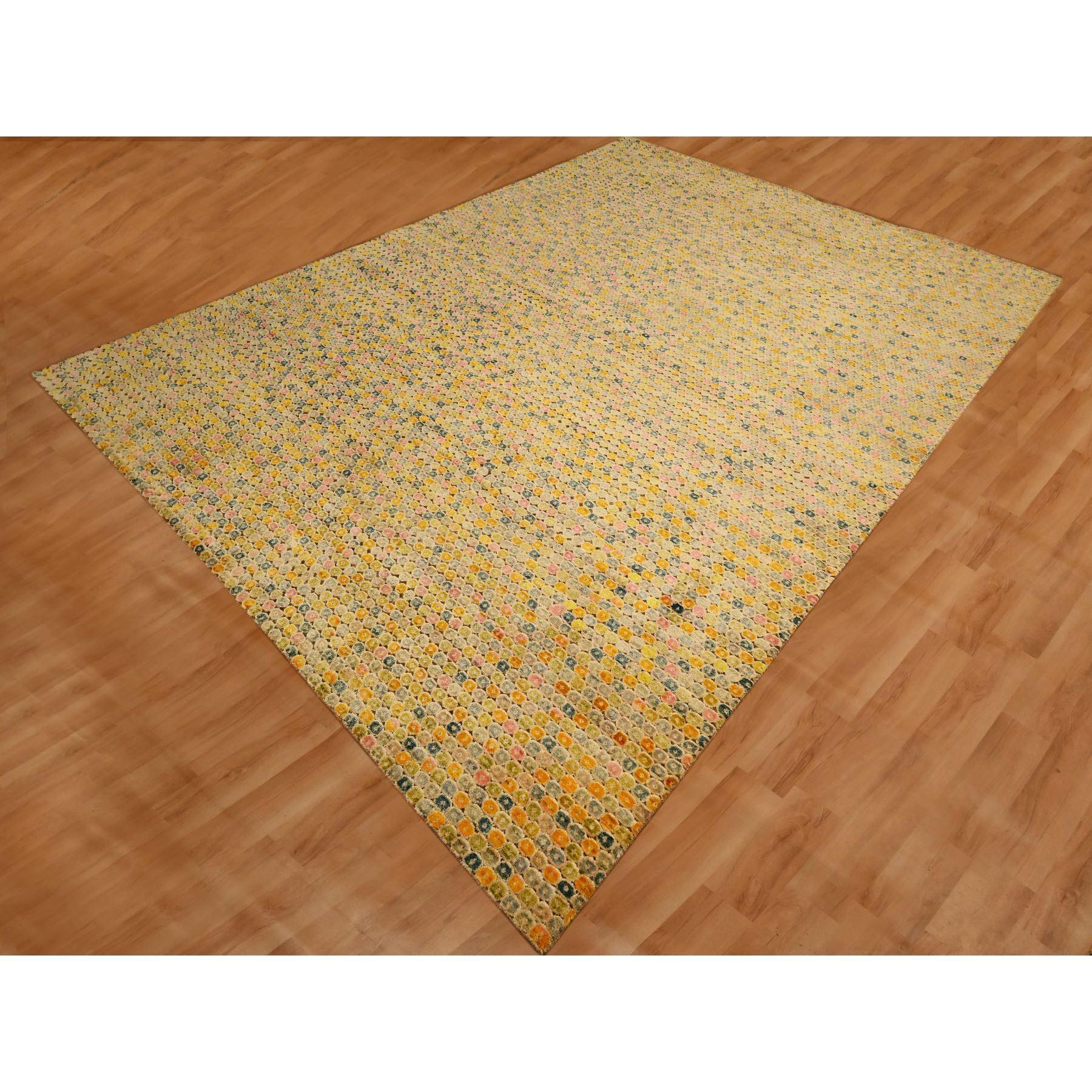 Alfombra Oriental Anudada a Mano de Lana y Seda Amarillo Dorado THE BUTTONS 9'x12'2 Moderno en venta