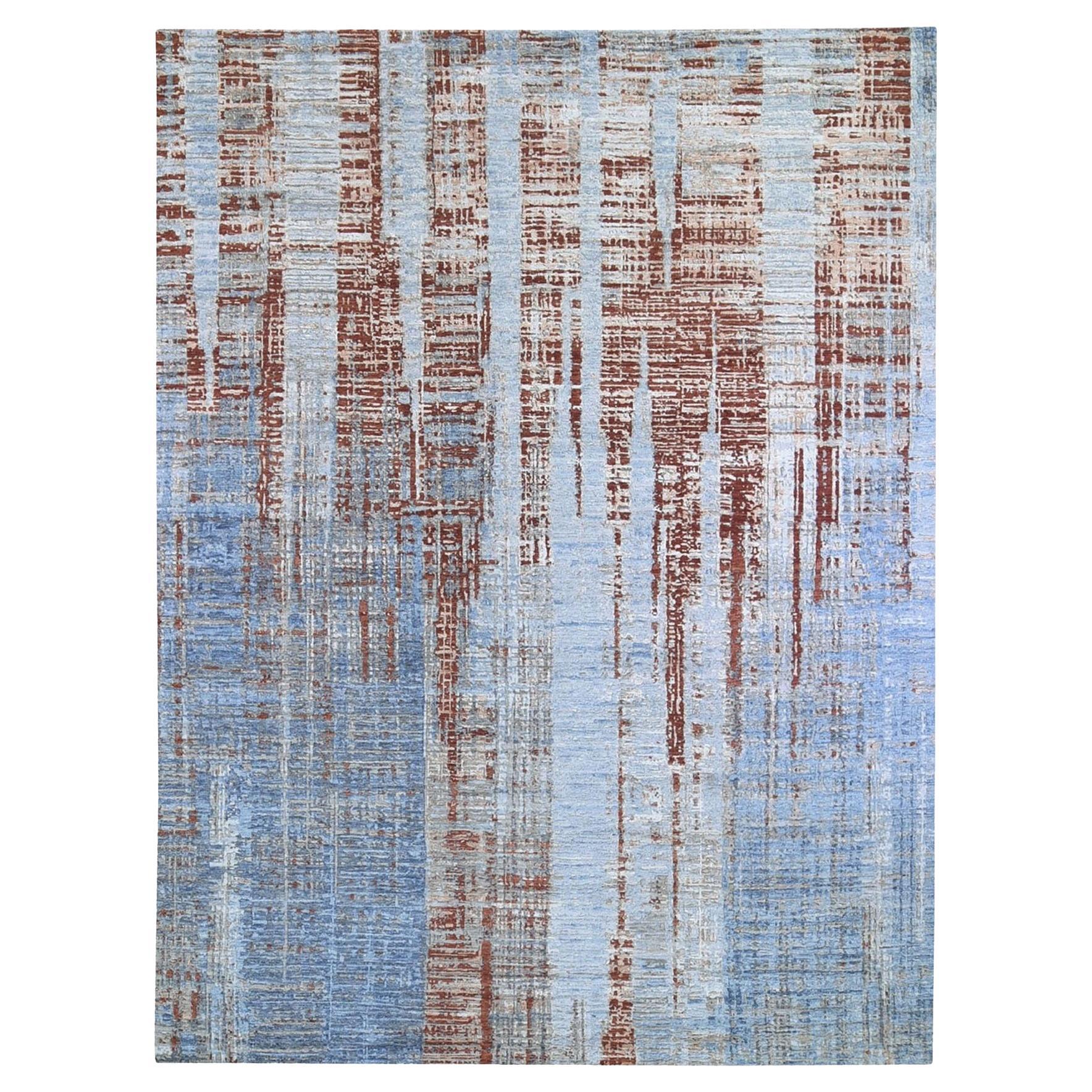 9'x12'2" Hi-Low Pile Abstract Design Denser Weave Wool & Silk Hand Knotted Rug For Sale